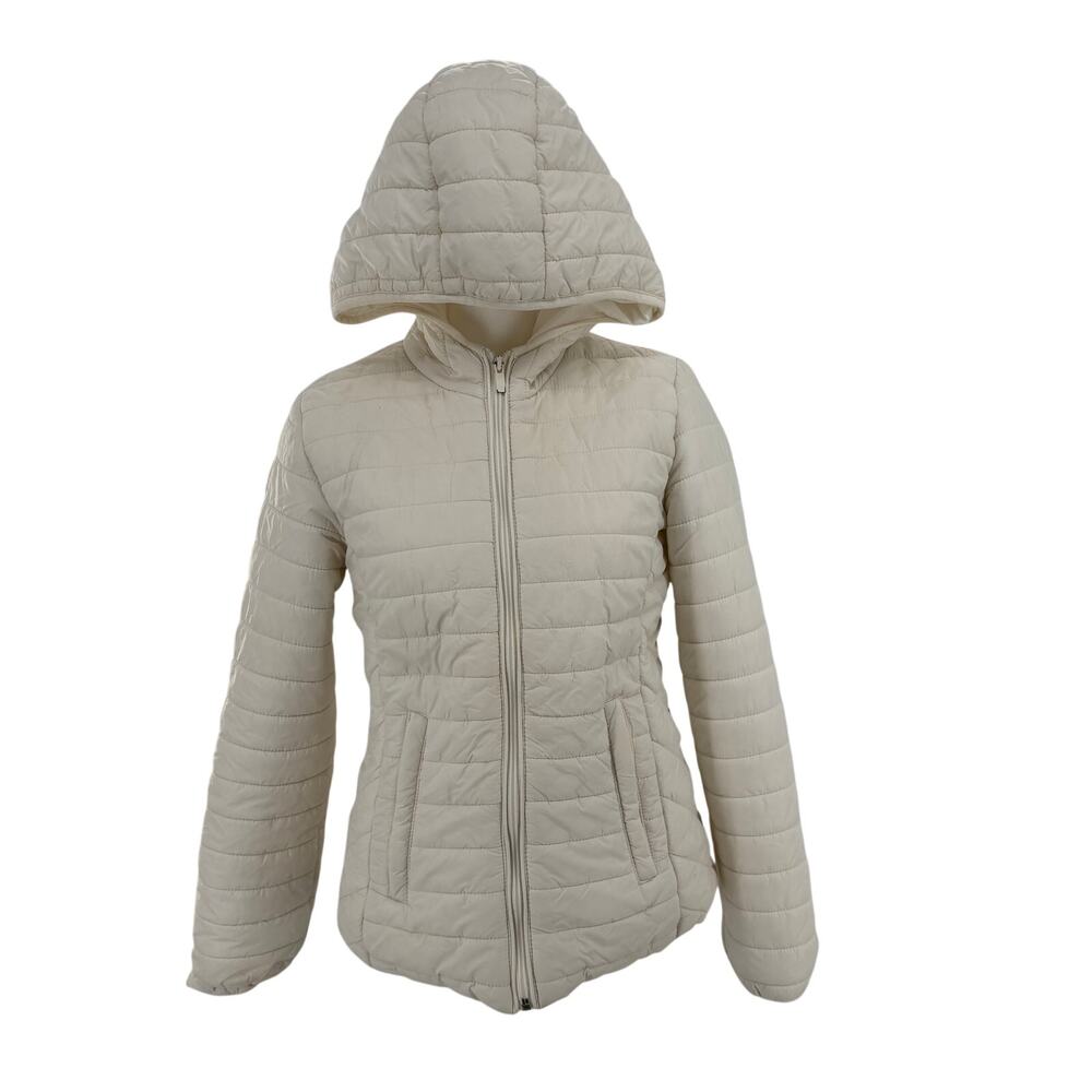 Stradivarius White Quilted Puffer Jacket Womens Small Hooded Full Zip